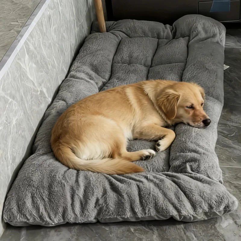 Golden retriever lying flat on the grey Oversized Plush Sofa Dog Bed on a wood floor