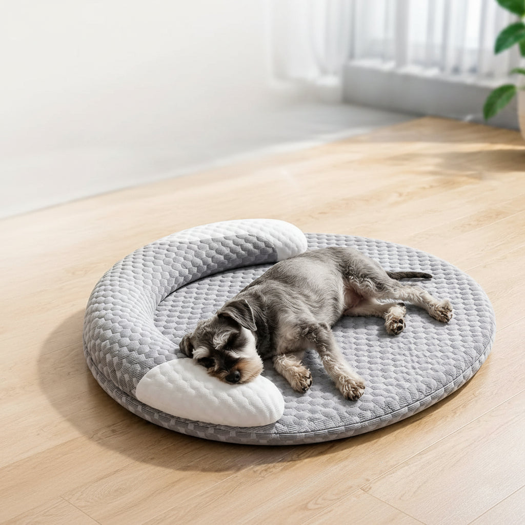 Cooling Ice-Silk Pet Bed shown from above with dimensions labeled 60cm x 40cm (23.6in / 15.7in) and a poodle shown for size reference