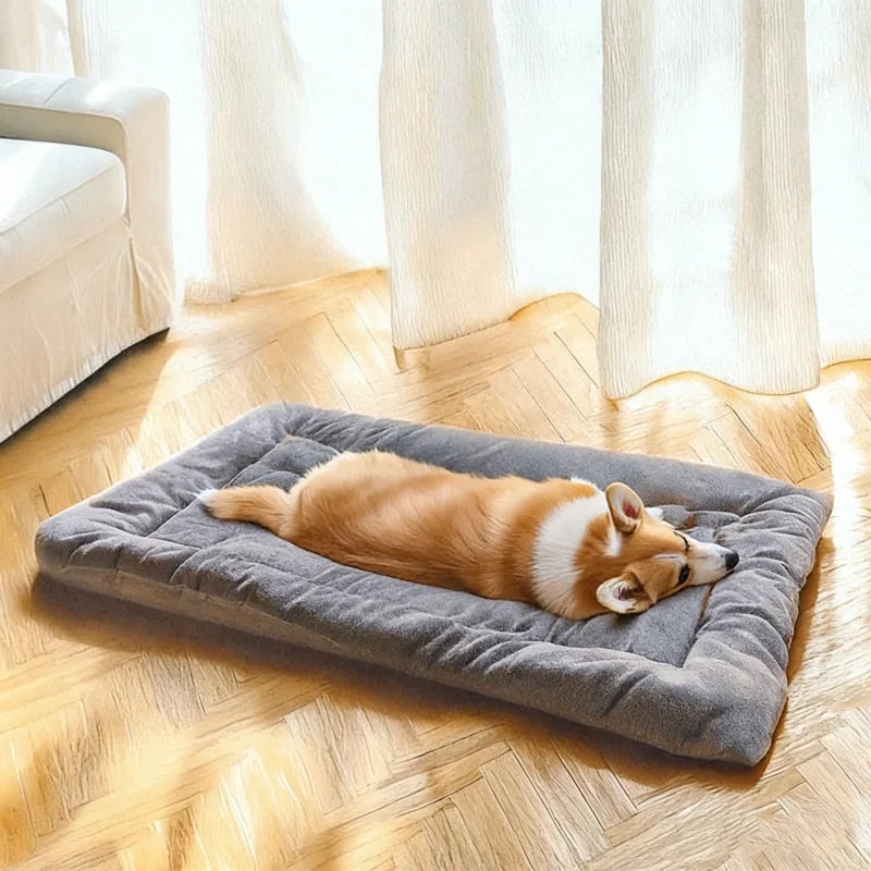 Golden retriever lying on the Oversized Plush Sofa Dog Bed in a modern living room with grey sofas and a coffee table