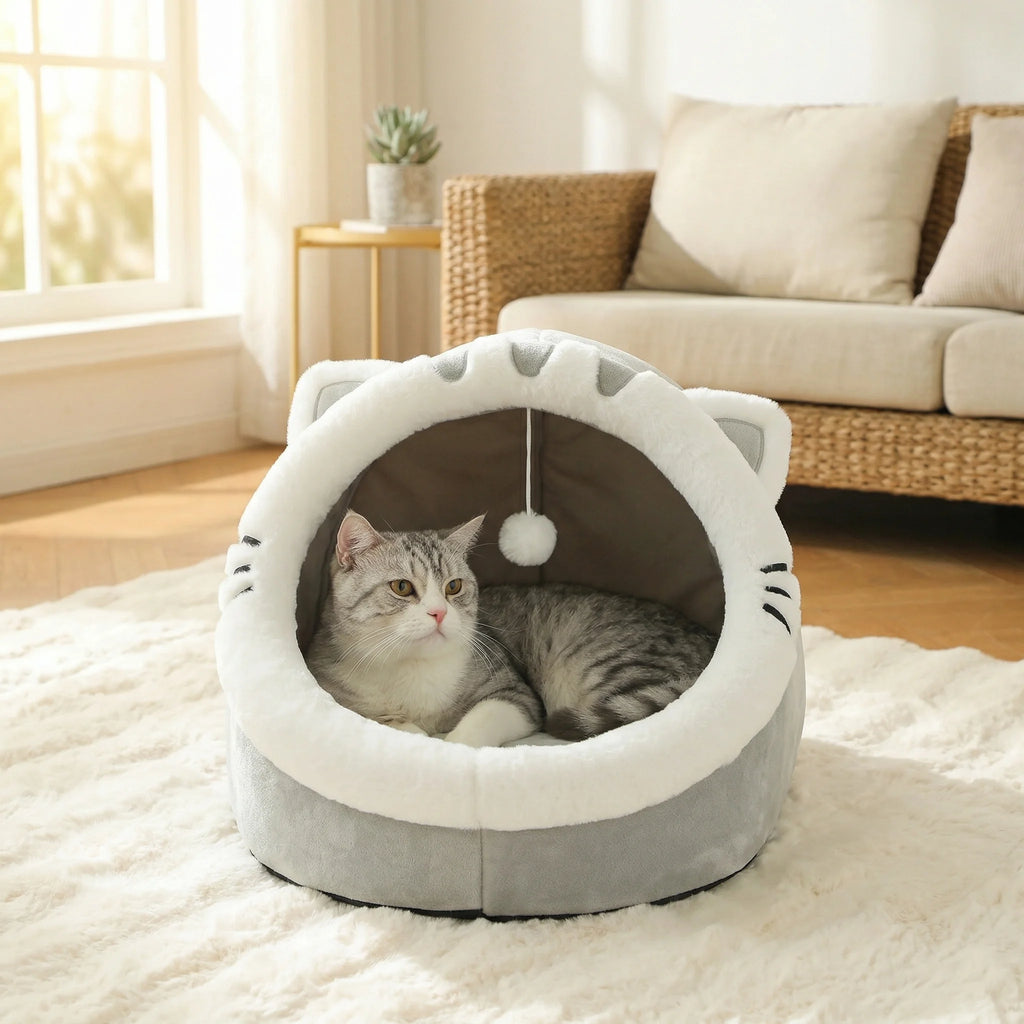 Grey cat-face shaped Cosy Cave Cat Bed with a grey and white cat lying inside on a fluffy white rug in a sunlit living room