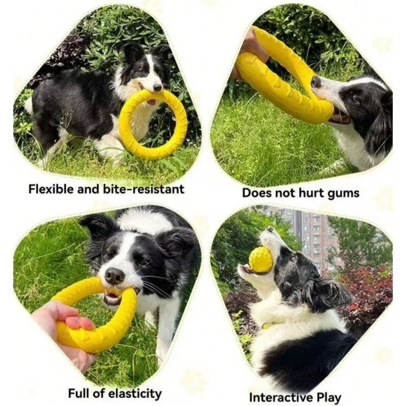 Hands stretching the yellow Durable Ring Chew & Fetch Toy outdoors to demonstrate its durability and flexibility