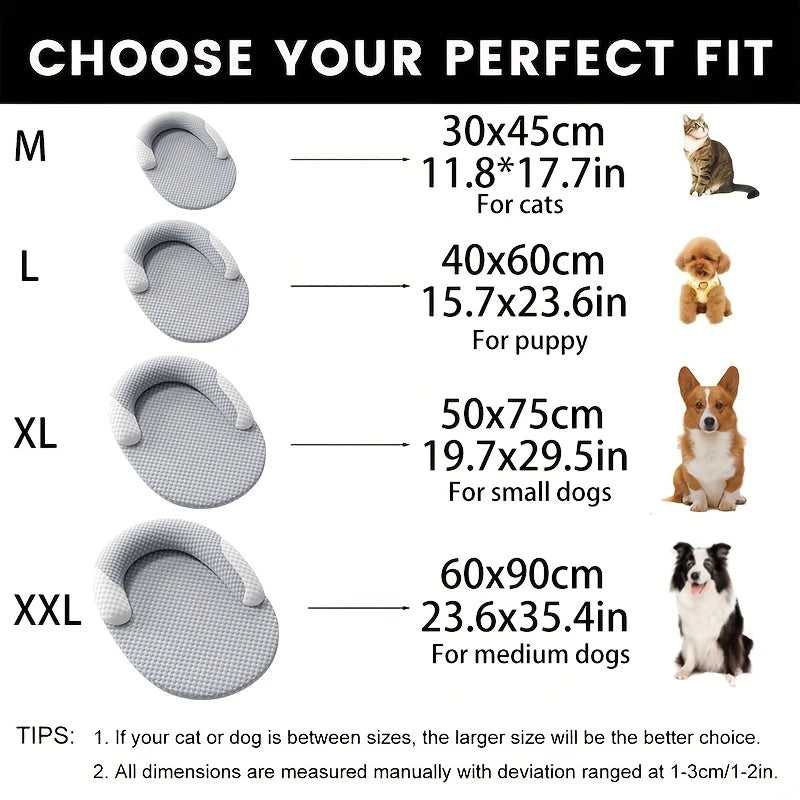 Infographic highlighting the cooling fiber technology and washable, breathable material of the Cooling Ice-Silk Pet Bed
