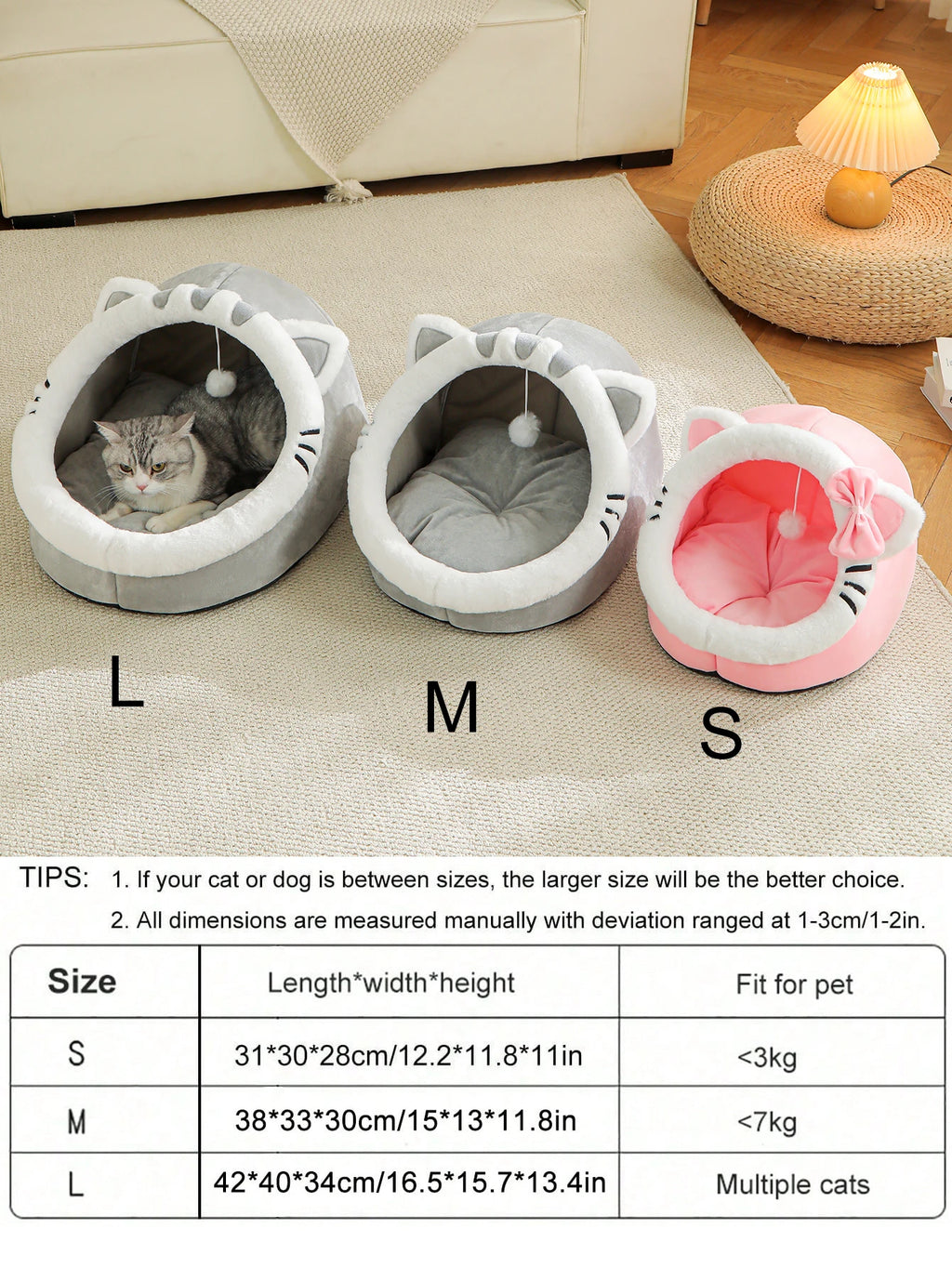 Three sizes of the Cosy Cave Cat Bed - S, M and L - shown side by side for size comparison with a cat inside the largest bed