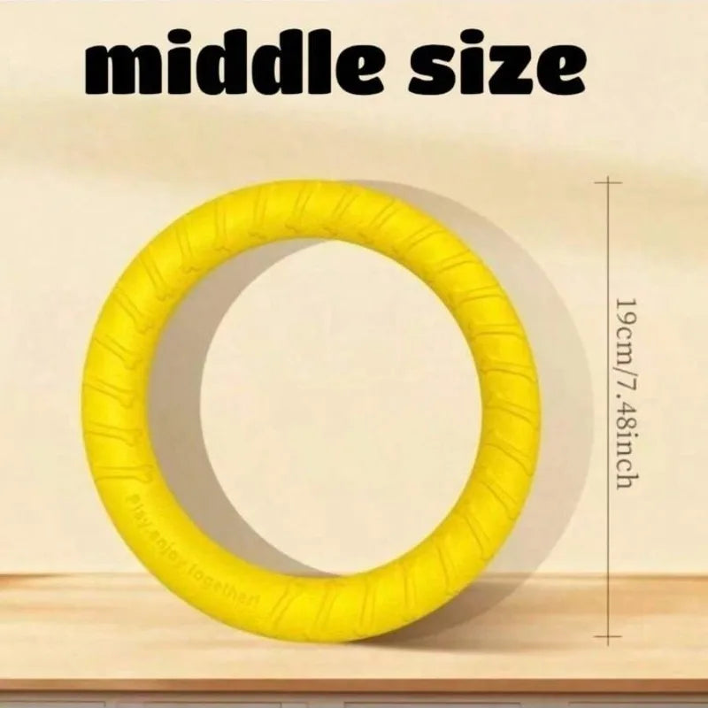 Collage of the Durable Ring Chew & Fetch Toy in use with a dog, highlighting its bite-resistant, interactive play design