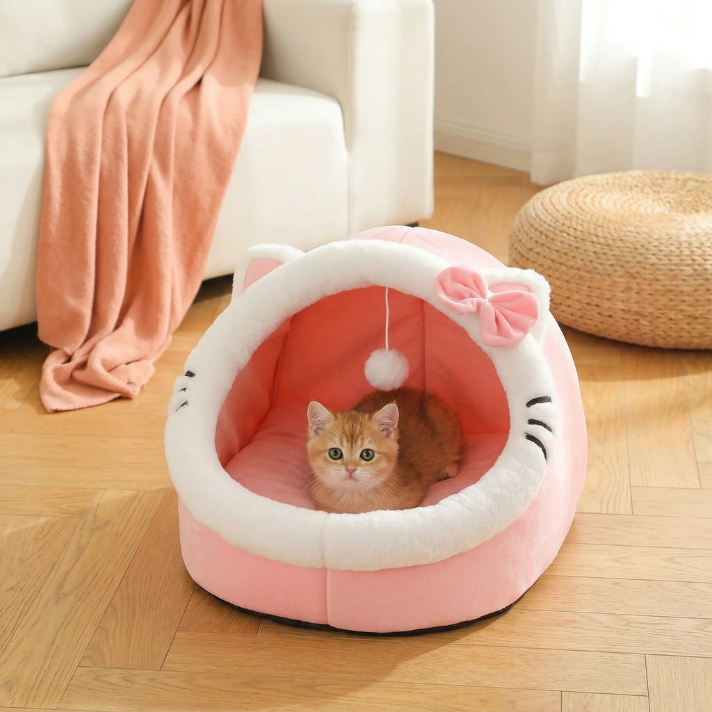 Pink cat-face shaped Cosy Cave Cat Bed with bow accent, ginger kitten sitting inside near a white armchair with a blush throw blanket